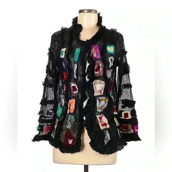 Lee Anderson Art To Wear Silk Cardigan Patchwork Embroidered Ruffled Jacket M - Picture 1 of 4